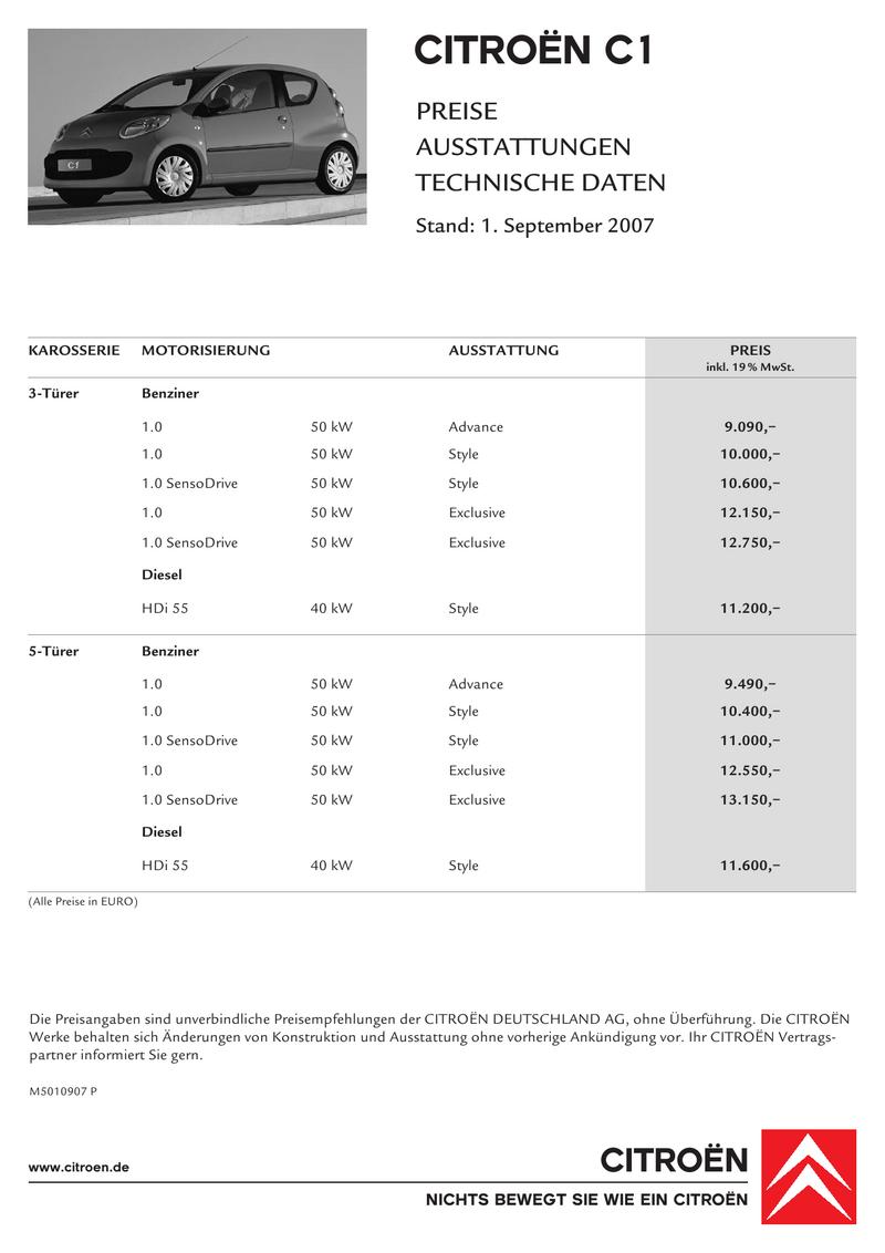 Citroen C1 Preise Und Masse 1 September 07 Von Citroen Deutschland